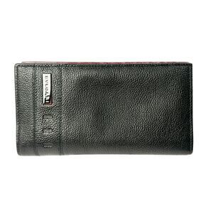 BVLGARI Black Pebbled Calfskin Leather‎ Long Bifold Wallet Unisex Metal Logo